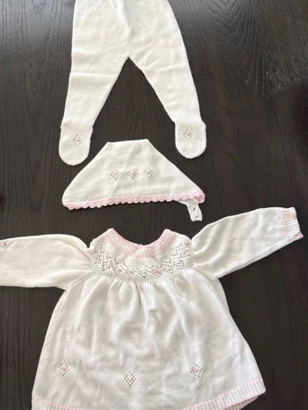White Knit Baby Footed One-Piece Set with Pink Trim